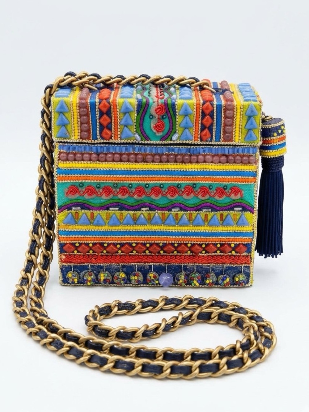 Mary Frances Beaded Box Crossbody Bag Vintage Boho Art Embellished Tassel